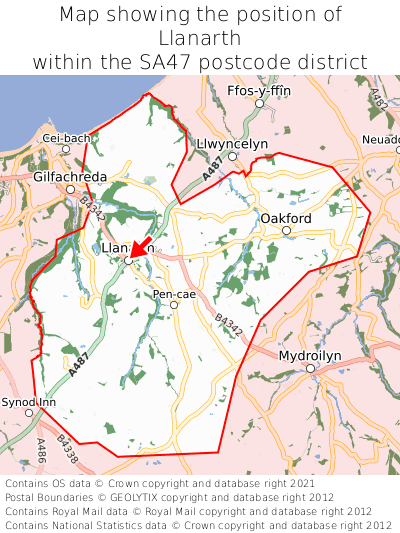 Map showing location of Llanarth within SA47
