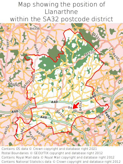 Map showing location of Llanarthne within SA32