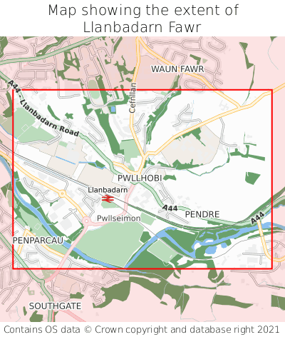 Map showing extent of Llanbadarn Fawr as bounding box