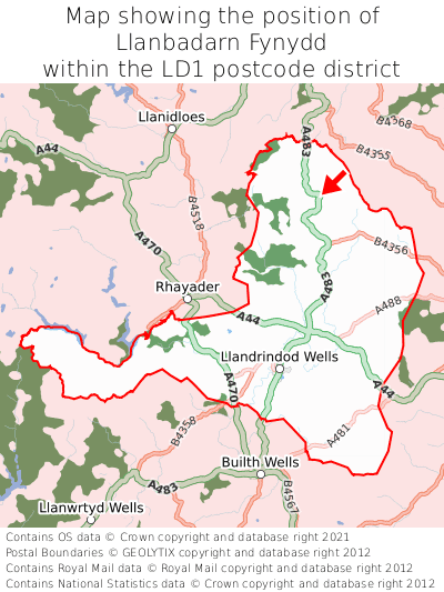 Map showing location of Llanbadarn Fynydd within LD1
