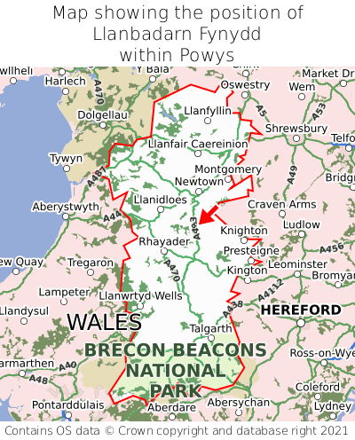 Map showing location of Llanbadarn Fynydd within Powys