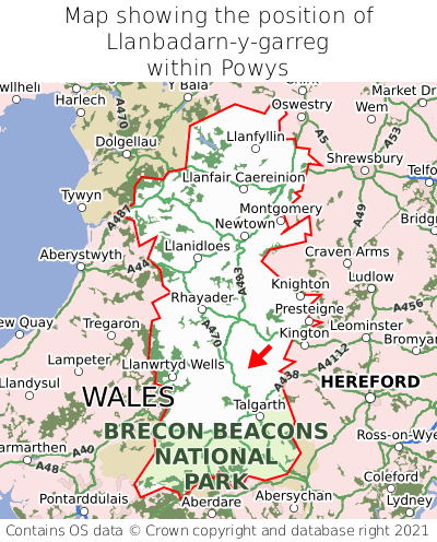 Map showing location of Llanbadarn-y-garreg within Powys