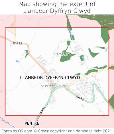Map showing extent of Llanbedr-Dyffryn-Clwyd as bounding box