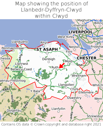 Map showing location of Llanbedr-Dyffryn-Clwyd within Clwyd