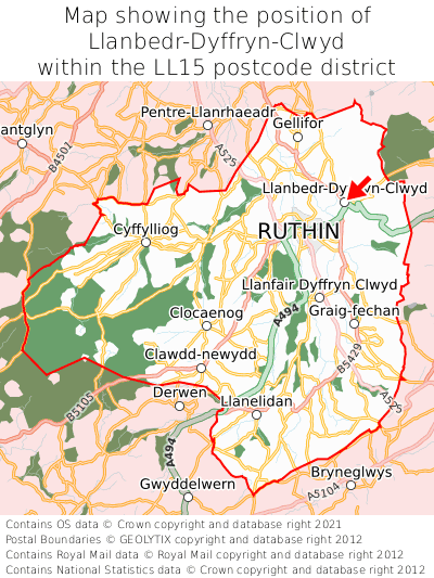 Map showing location of Llanbedr-Dyffryn-Clwyd within LL15