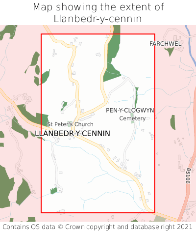 Map showing extent of Llanbedr-y-cennin as bounding box