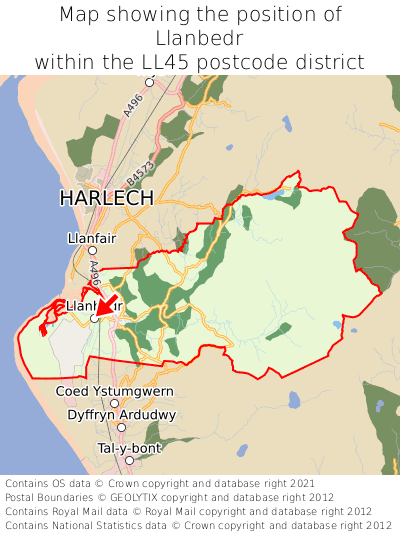 Map showing location of Llanbedr within LL45