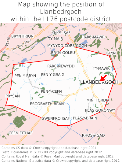 Map showing location of Llanbedrgoch within LL76