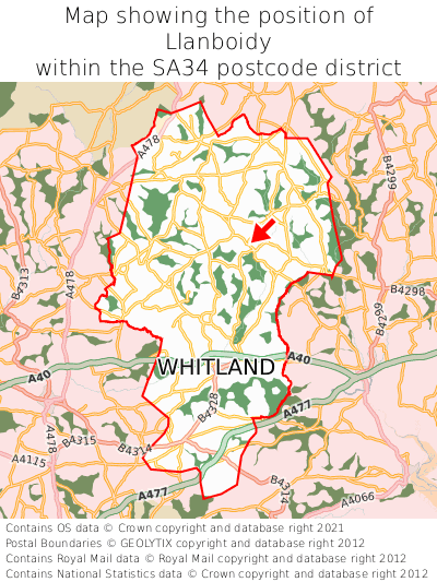 Map showing location of Llanboidy within SA34