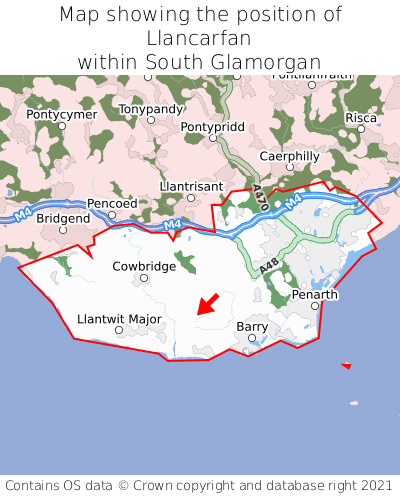 Map showing location of Llancarfan within South Glamorgan