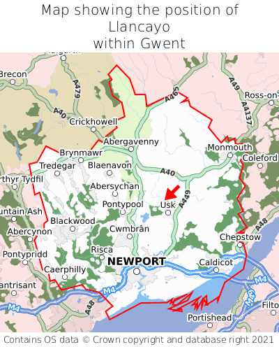 Map showing location of Llancayo within Gwent