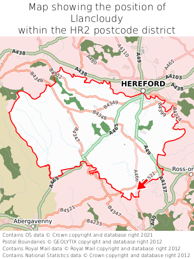 Map showing location of Llancloudy within HR2