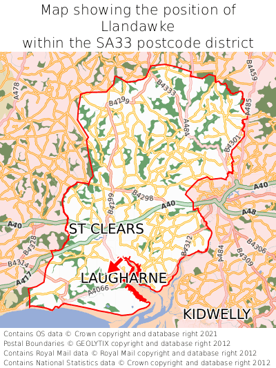 Map showing location of Llandawke within SA33