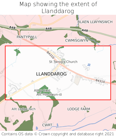 Map showing extent of Llanddarog as bounding box