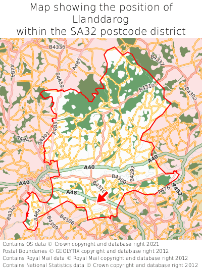 Map showing location of Llanddarog within SA32