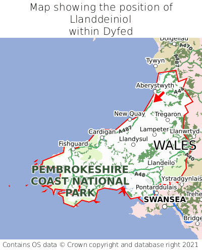 Map showing location of Llanddeiniol within Dyfed
