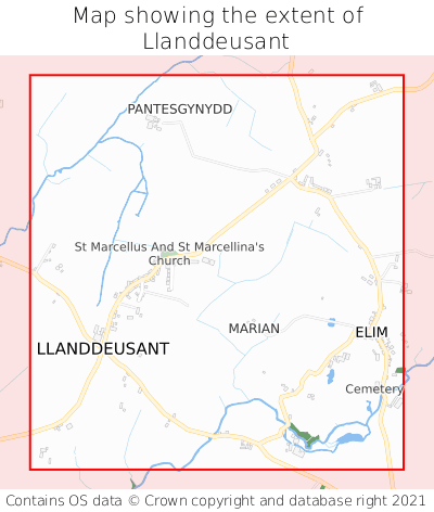 Map showing extent of Llanddeusant as bounding box