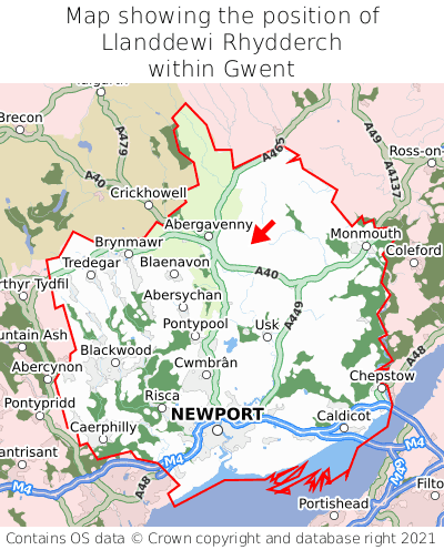 Map showing location of Llanddewi Rhydderch within Gwent