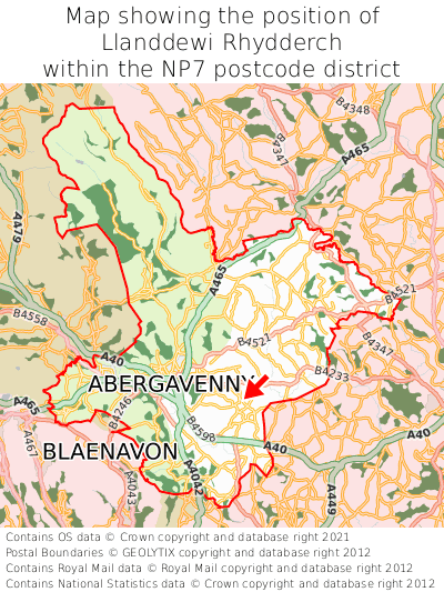 Map showing location of Llanddewi Rhydderch within NP7