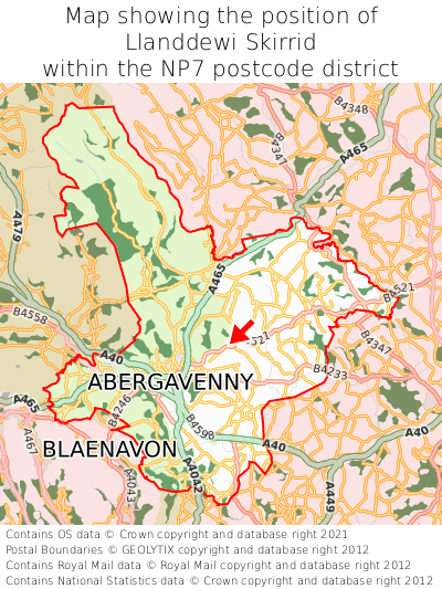 Map showing location of Llanddewi Skirrid within NP7