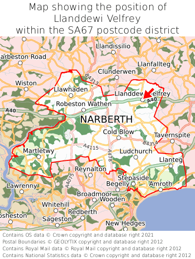 Map showing location of Llanddewi Velfrey within SA67