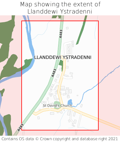 Map showing extent of Llanddewi Ystradenni as bounding box