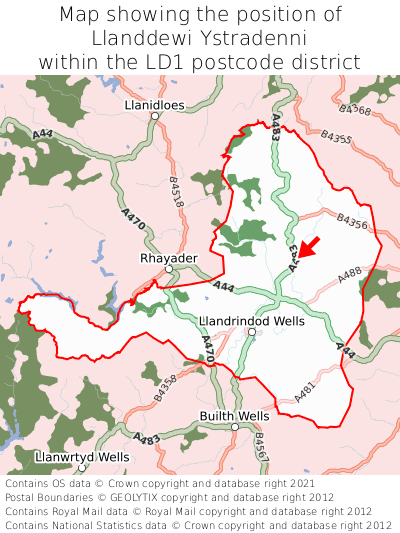 Map showing location of Llanddewi Ystradenni within LD1