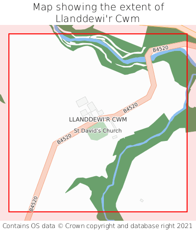 Map showing extent of Llanddewi'r Cwm as bounding box