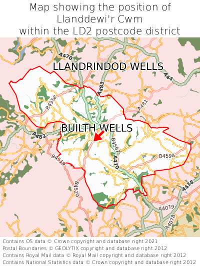 Map showing location of Llanddewi'r Cwm within LD2