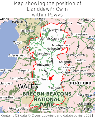 Map showing location of Llanddewi'r Cwm within Powys