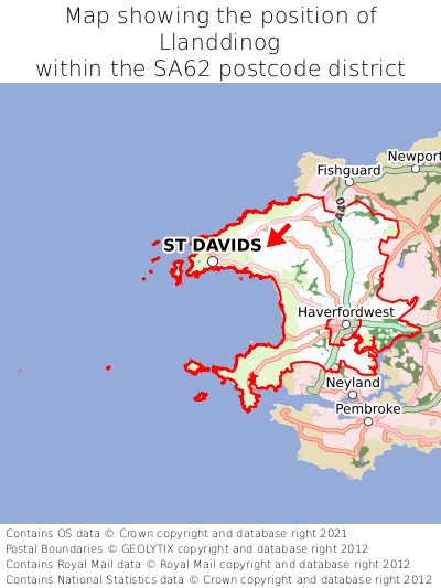 Map showing location of Llanddinog within SA62