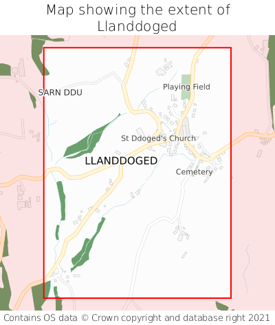 Map showing extent of Llanddoged as bounding box