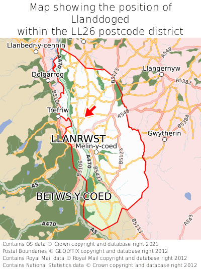 Map showing location of Llanddoged within LL26