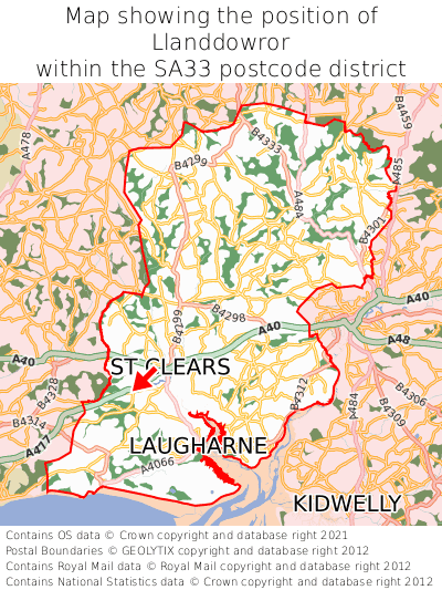Map showing location of Llanddowror within SA33