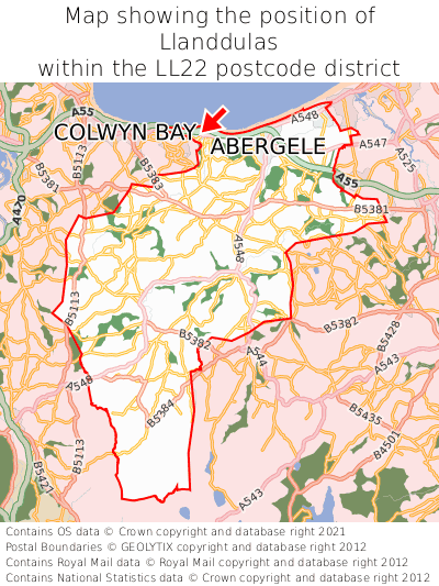 Map showing location of Llanddulas within LL22