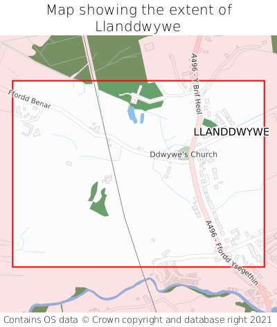 Map showing extent of Llanddwywe as bounding box