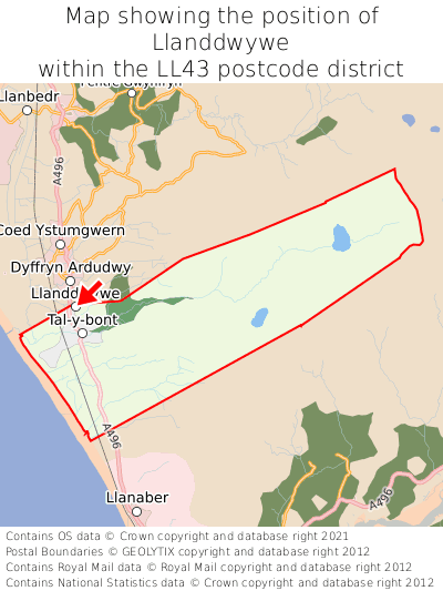 Map showing location of Llanddwywe within LL43