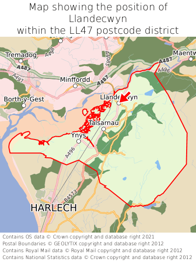 Map showing location of Llandecwyn within LL47