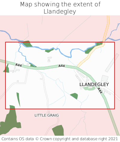 Map showing extent of Llandegley as bounding box