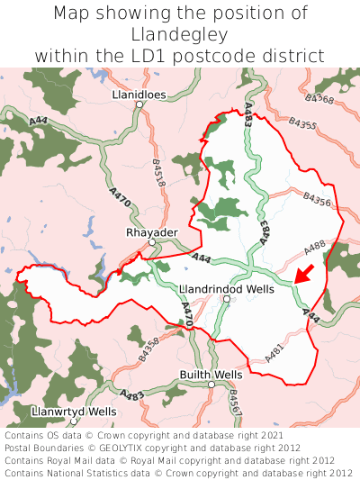 Map showing location of Llandegley within LD1