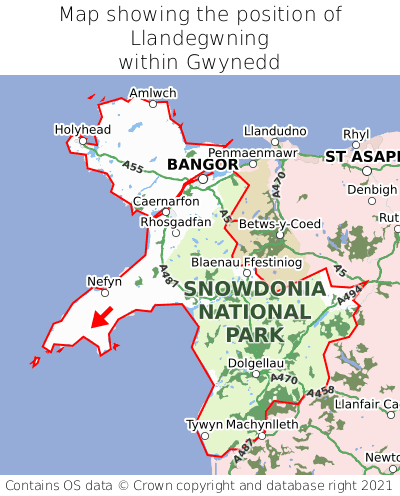 Map showing location of Llandegwning within Gwynedd