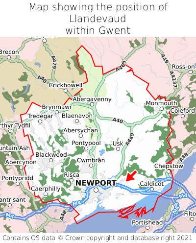 Map showing location of Llandevaud within Gwent