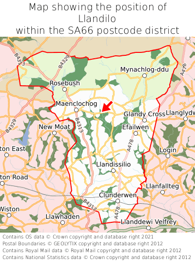 Map showing location of Llandilo within SA66