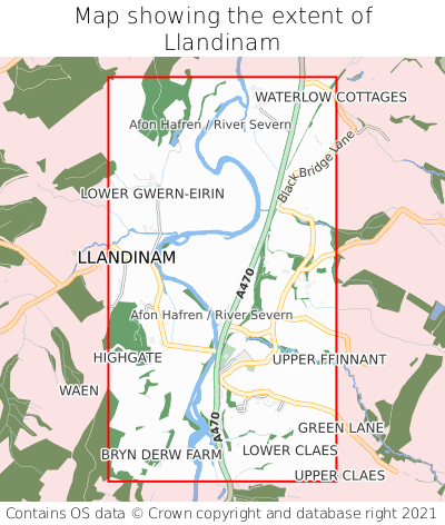 Map showing extent of Llandinam as bounding box