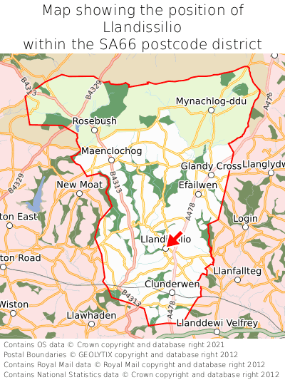 Map showing location of Llandissilio within SA66