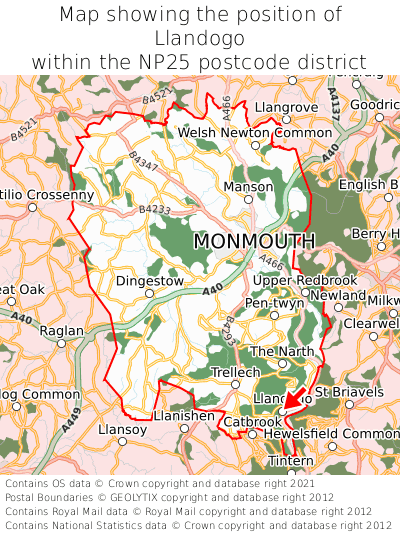 Map showing location of Llandogo within NP25