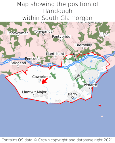 Map showing location of Llandough within South Glamorgan
