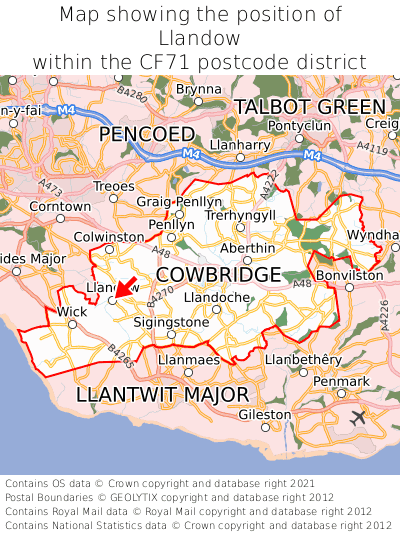 Map showing location of Llandow within CF71