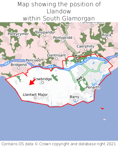 Map showing location of Llandow within South Glamorgan