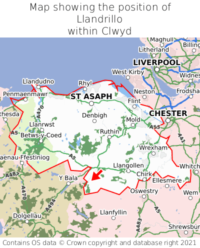 Map showing location of Llandrillo within Clwyd